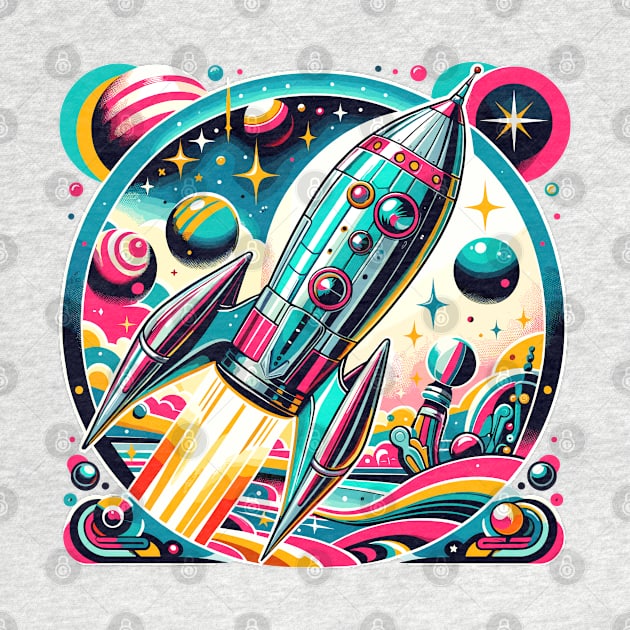 Cosmic Colors: Vibrant 1950s Spacecraft Journey by Graphic Wonders Emporium